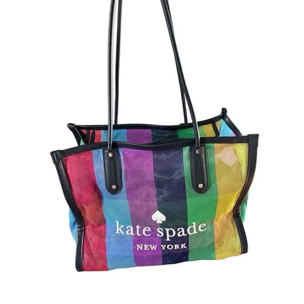 NWOT Kate Spade Ella Extra Large Rainbow Mesh Bag Tote Zip Top Embroidered Logo